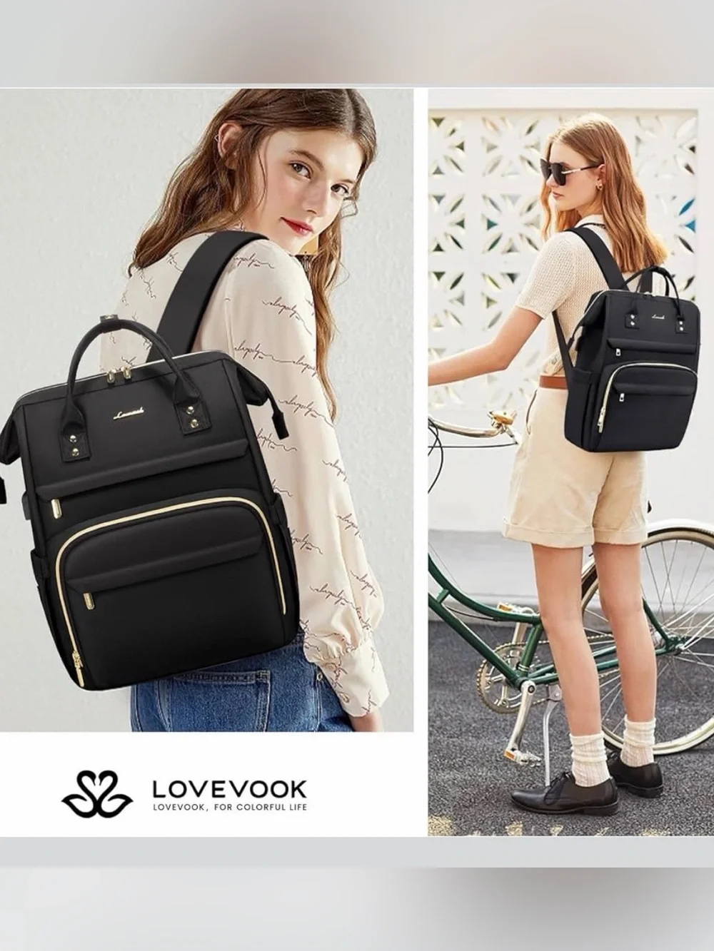 NWT. LOVEVOOK Black Women's Backpack Tote with USB Charging Port